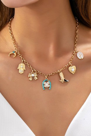Western turquoise horseshoe bow boot charm necklace