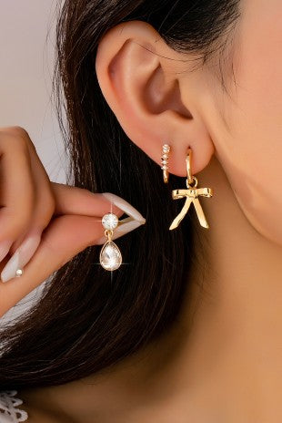 Pearl Crystal teardrop bow trio earrings set