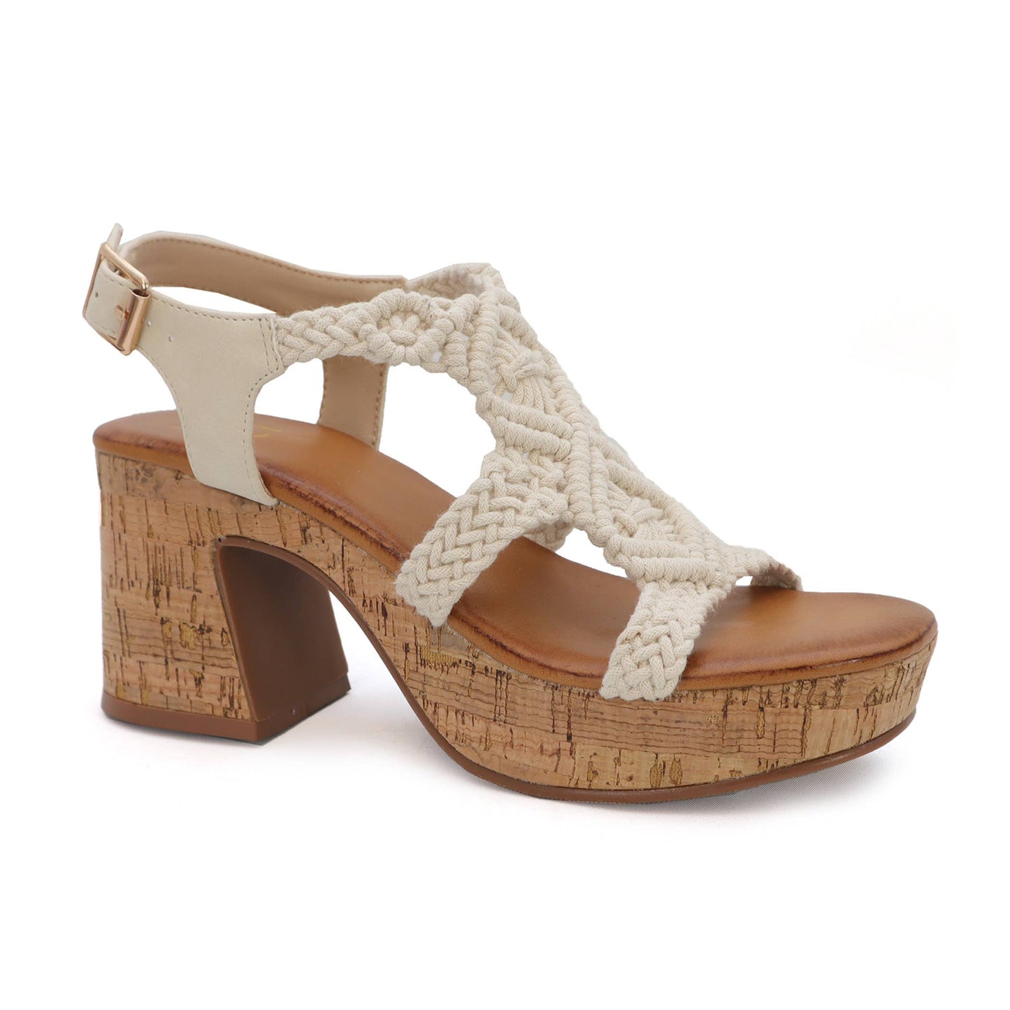 Elona Women's Chunky Cork Heels With Crochet Sandals: Cream
