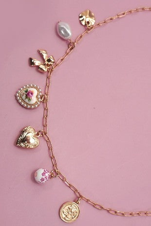 Pink ceramic porcelain bow heart charm link necklace