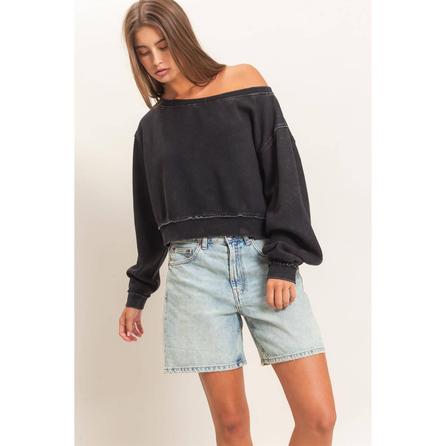 Raw Edge Acid Wash Off The Shoulder Sweatshirt-Black
