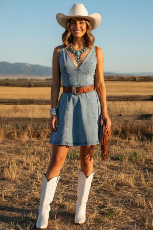 V neck denim dress