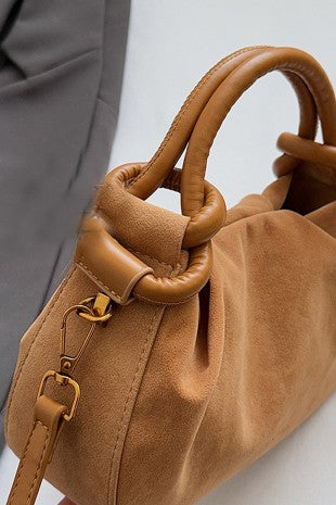 Rouched faux suede tote handbag
