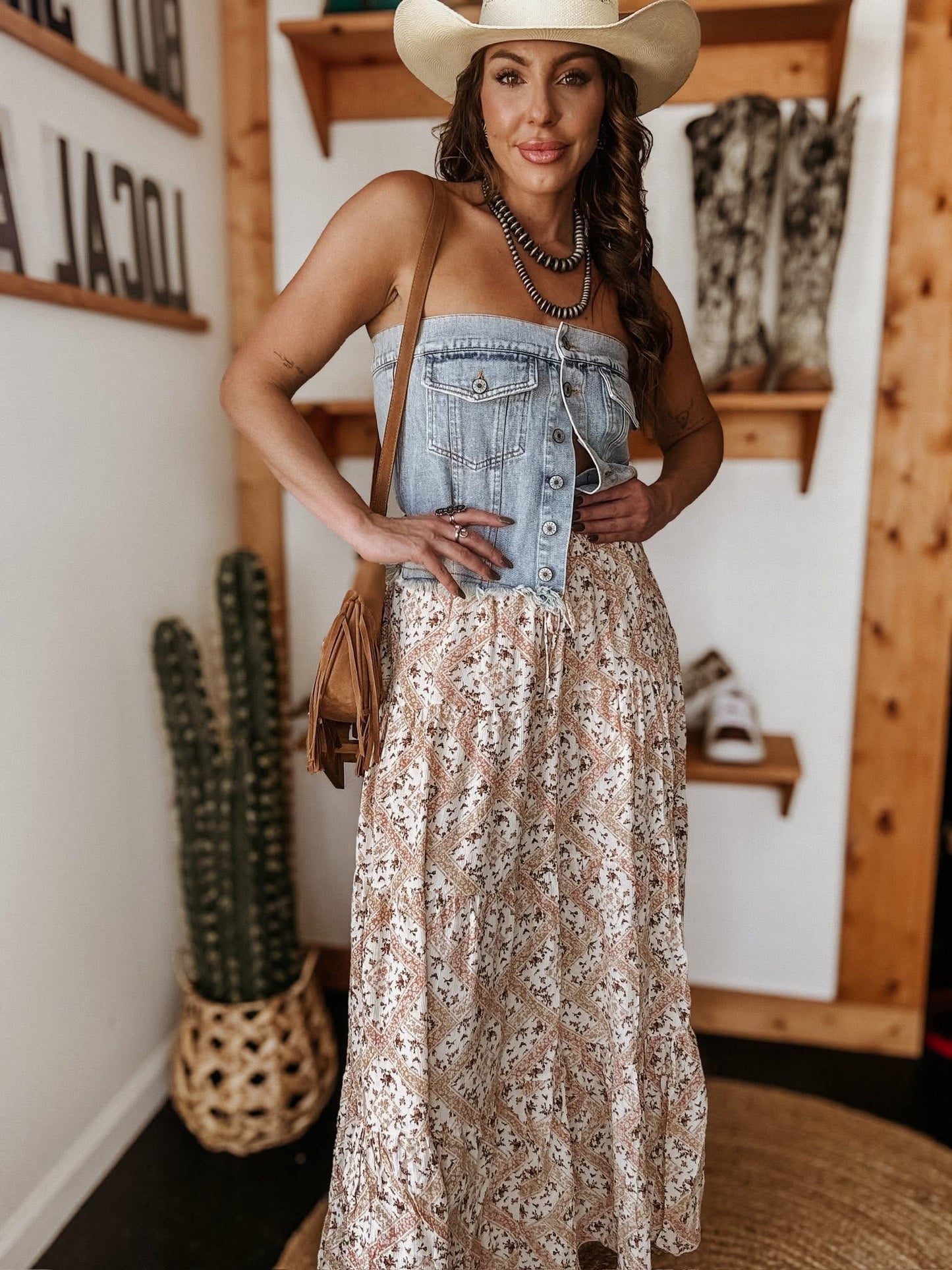 Strapless denim button top