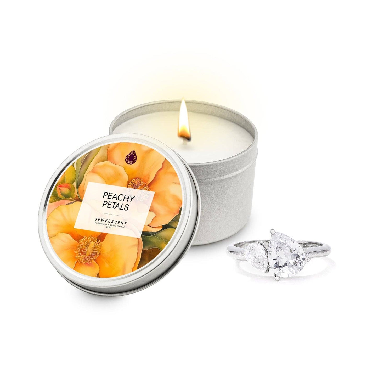 Peachy Petals 5.5oz Tin Jewelry Candle: Ring Size 6