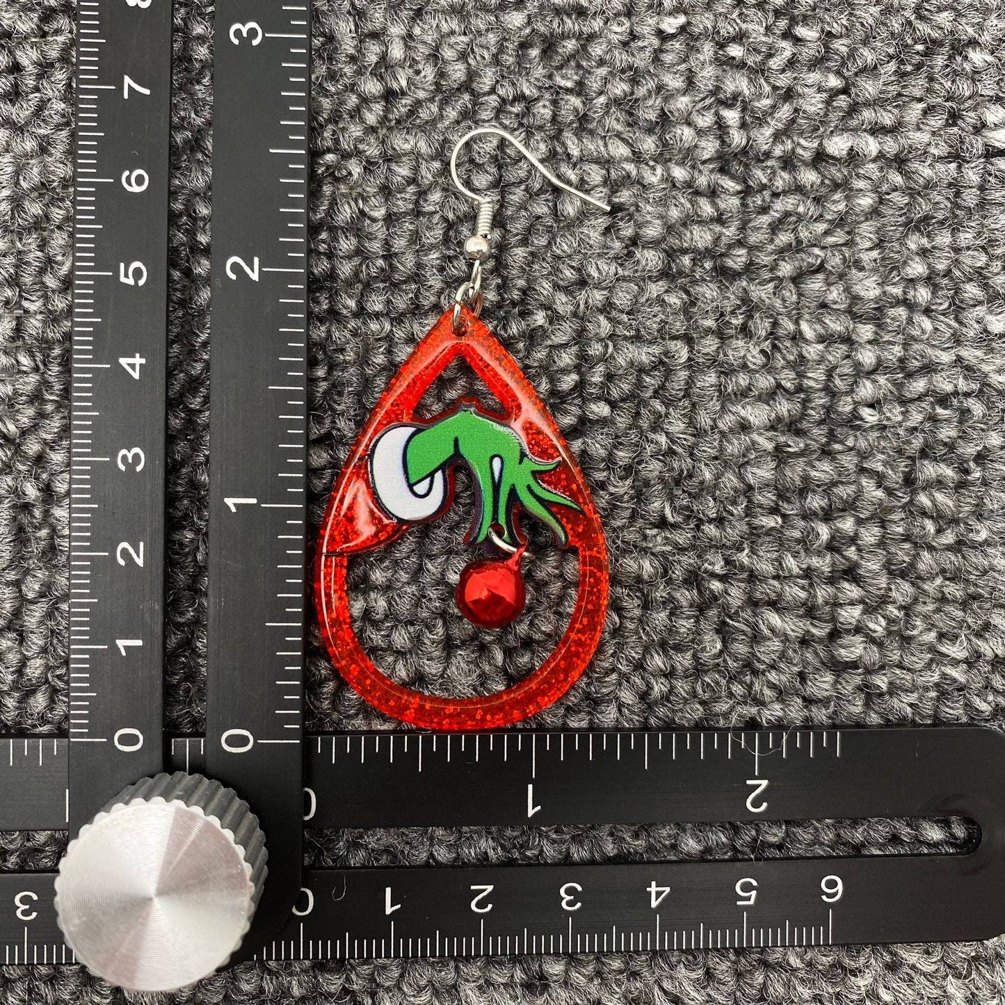 Christmas Acrylic Green guy Holding Bell Red Drop Dangle Earrings