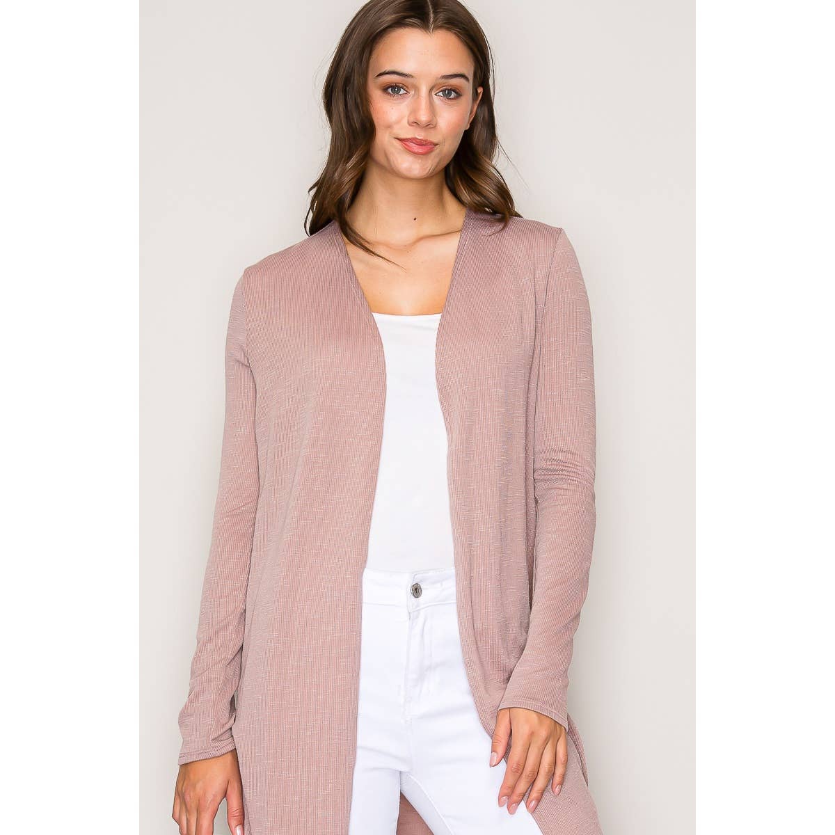 Lightweight Open Front Long Sleeve Robe Cardigan-Pink