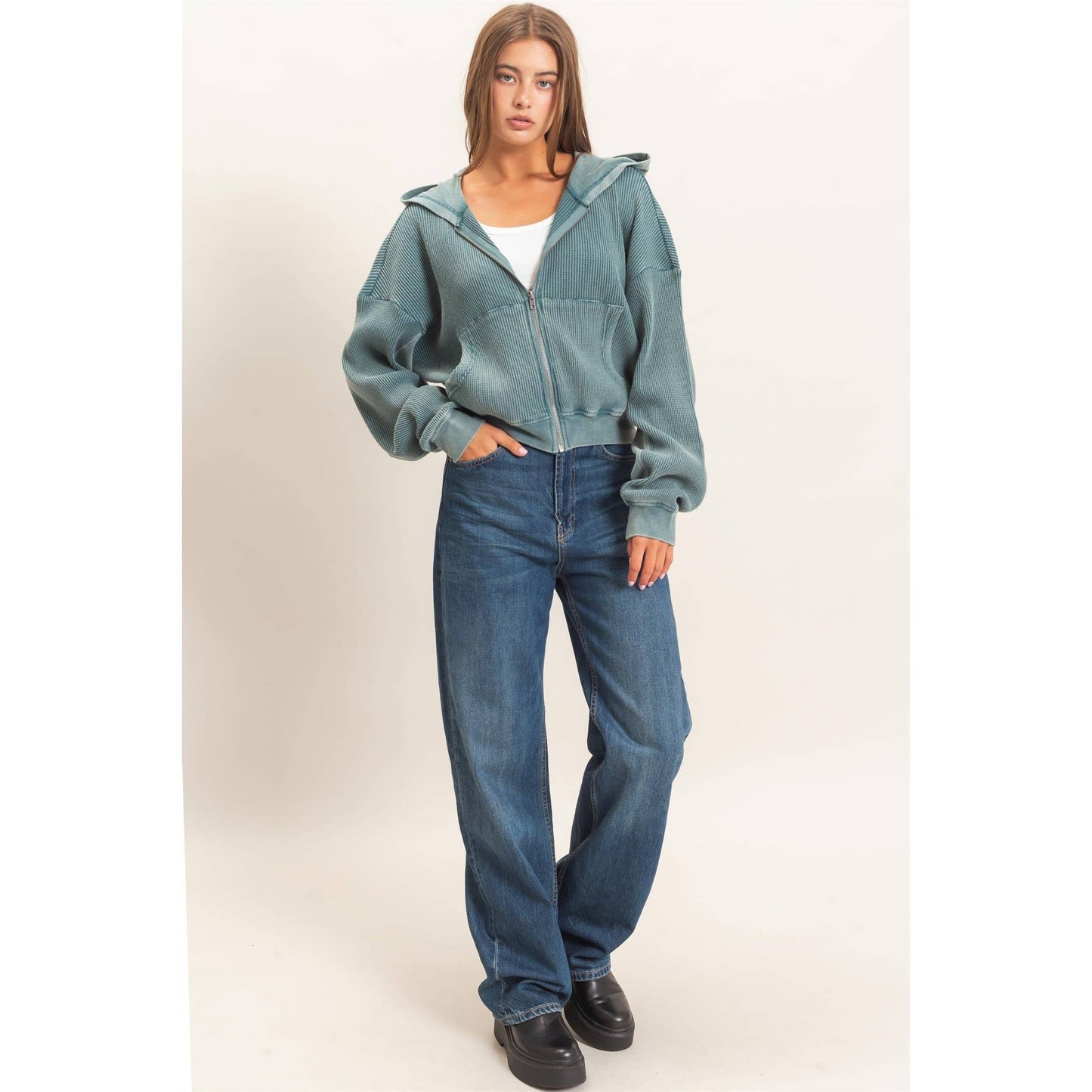 Acid Wash Waffle Knit Zip-Up Hoodie-Teal