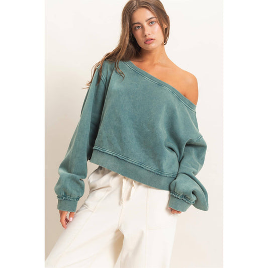 Raw Edge Acid Wash Off The Shoulder Sweatshirt-Teal