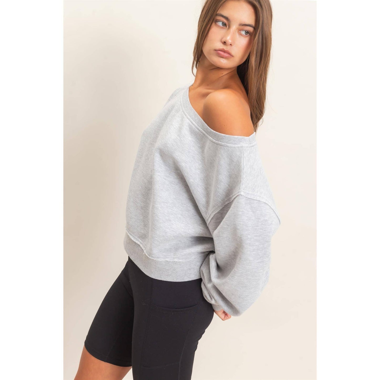 Raw Edge Acid Wash Off The Shoulder Sweatshirt-Brown
