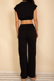 Elastic Hem Crop Top & Wide Leg Pants Set: Black