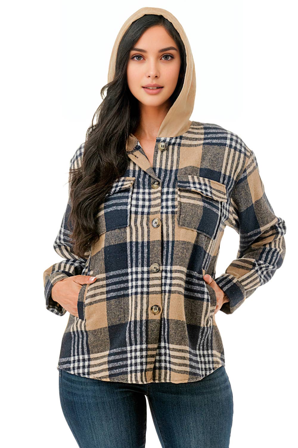 Olivia’s Oversized plaid flannel shacket with hoodie and pockets-Navy