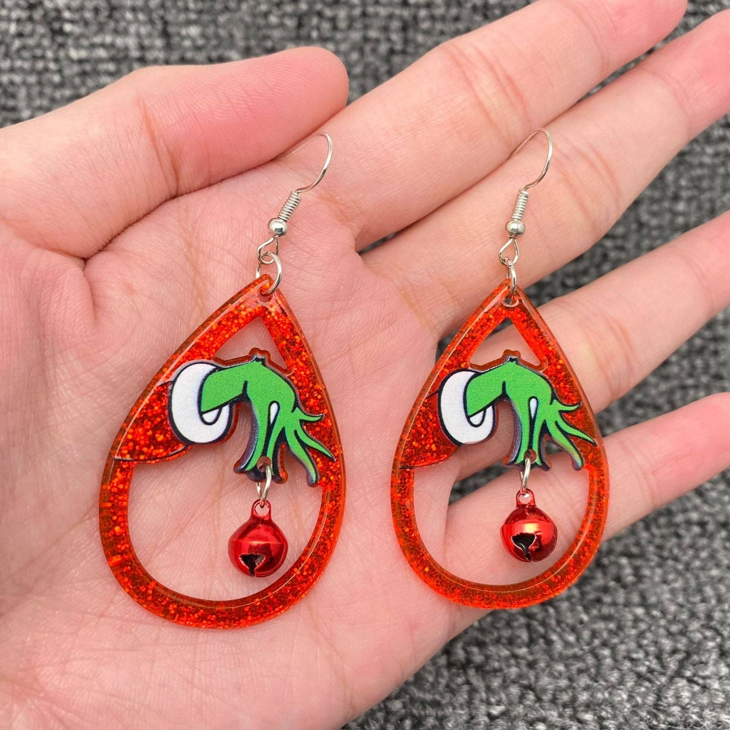 Christmas Acrylic Green guy Holding Bell Red Drop Dangle Earrings