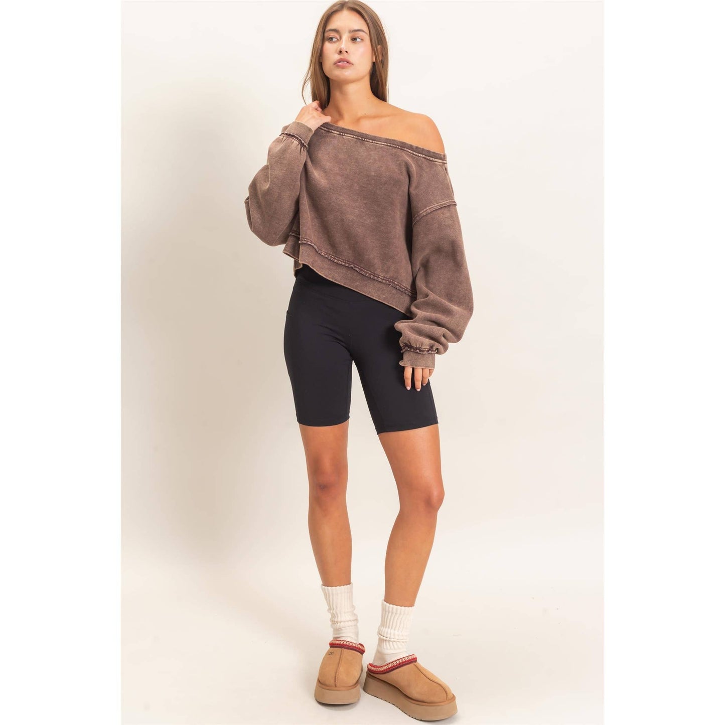 Raw Edge Acid Wash Off The Shoulder Sweatshirt-Brown