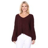 Wide V-Neck Oversized Sweater Top with Side Slit
