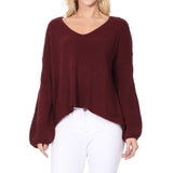 Wide V-Neck Oversized Sweater Top with Side Slit