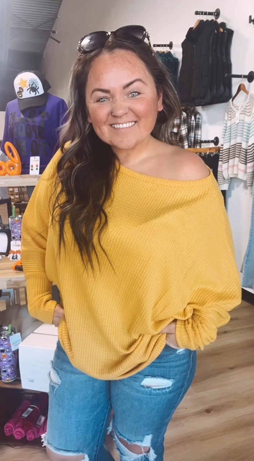 Whitney’s off the shoulder waffle knit top-Mustard