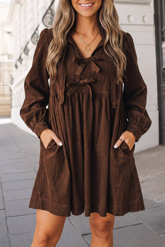 Vintage Bow Knot Front Corduroy Mini Dress