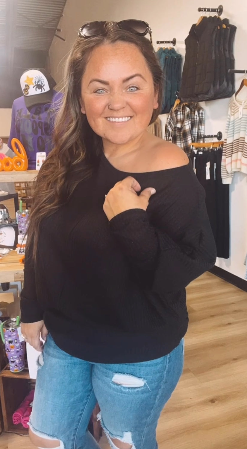 Whitney’s off the shoulder waffle knit top-Black