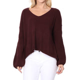 Wide V-Neck Oversized Sweater Top with Side Slit