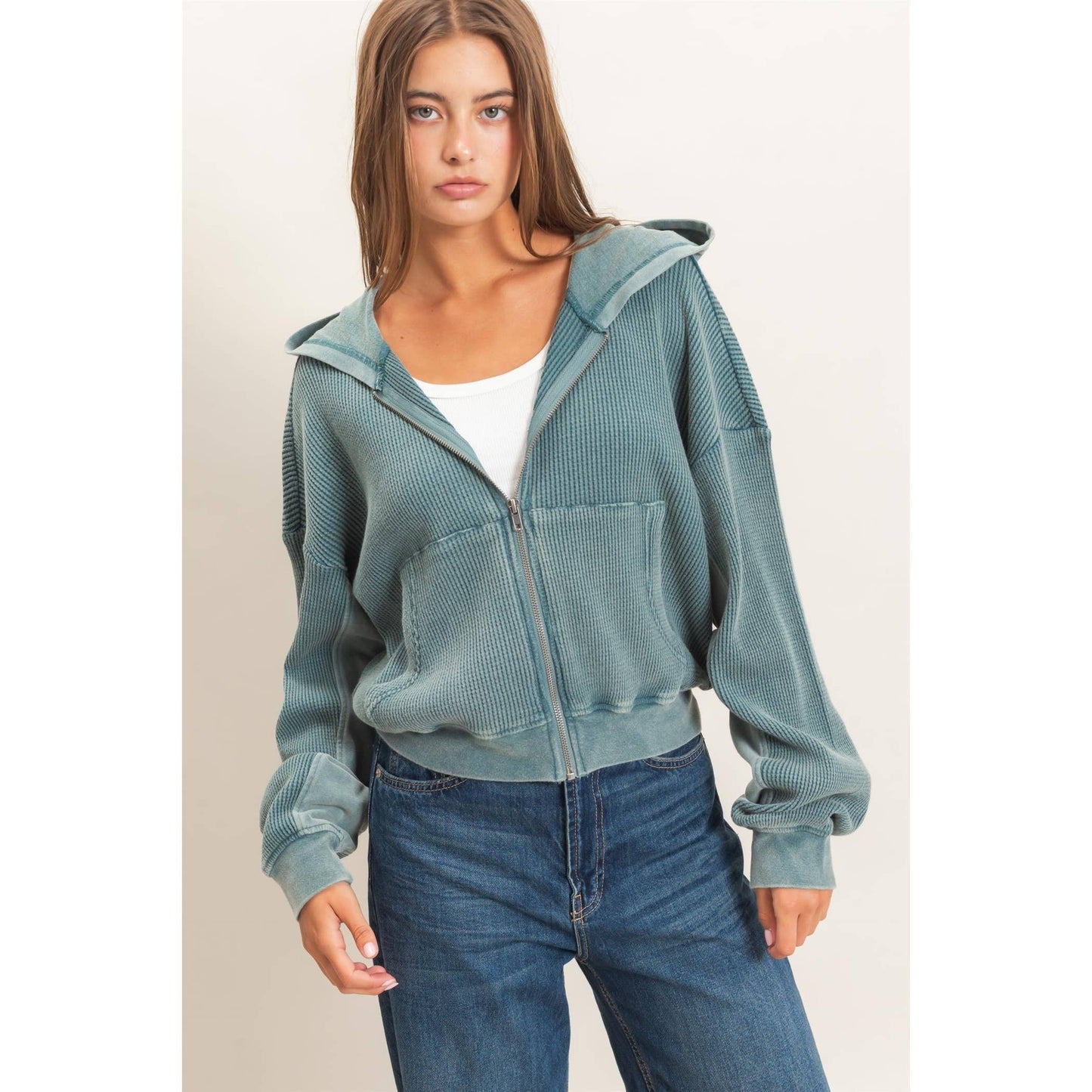 Acid Wash Waffle Knit Zip-Up Hoodie-Teal