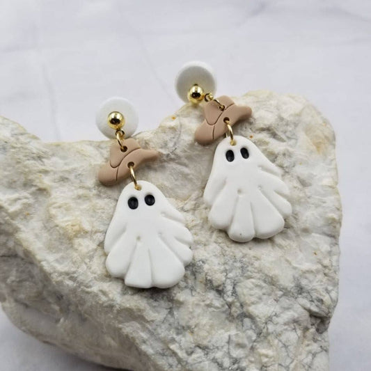 Halloween Cowboy Hat Ghost Clay Earrings