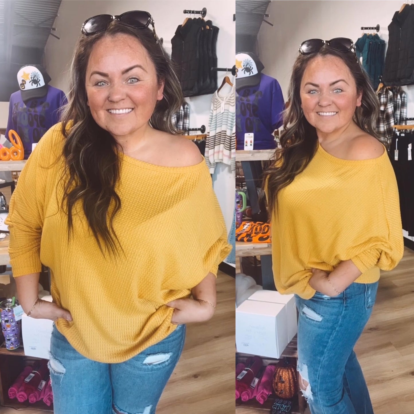 Whitney’s off the shoulder waffle knit top-Mustard