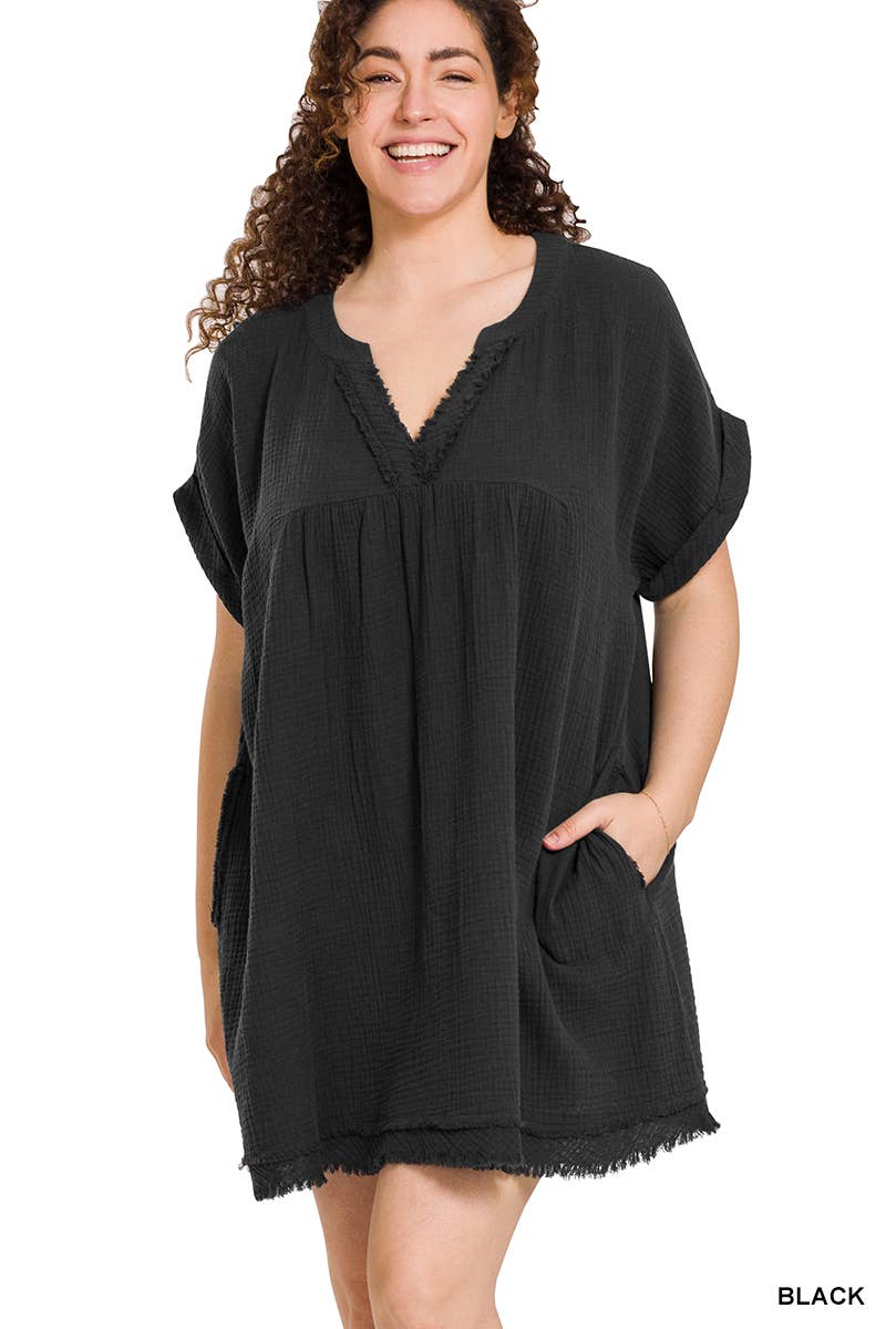 Plus Gauze Rolled Short Sleeve Raw Edge V Neck Dress