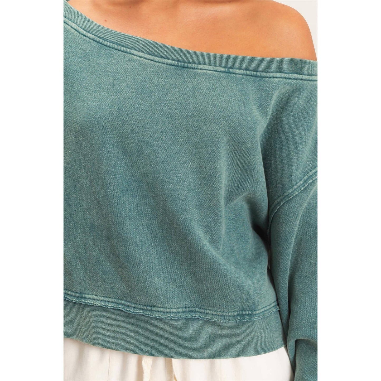 Raw Edge Acid Wash Off The Shoulder Sweatshirt-Brown
