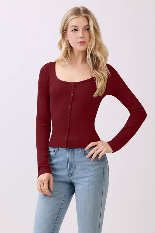 BUTTON DOWN NON FUNCTIONAL LONG SLEEVE CARDIGAN-GARNET