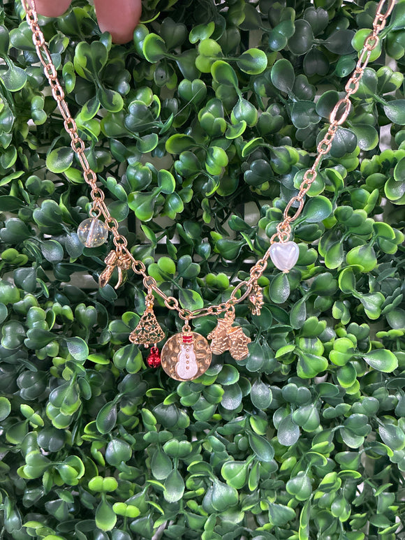 Snow man, mitten, Christmas tree charm necklace