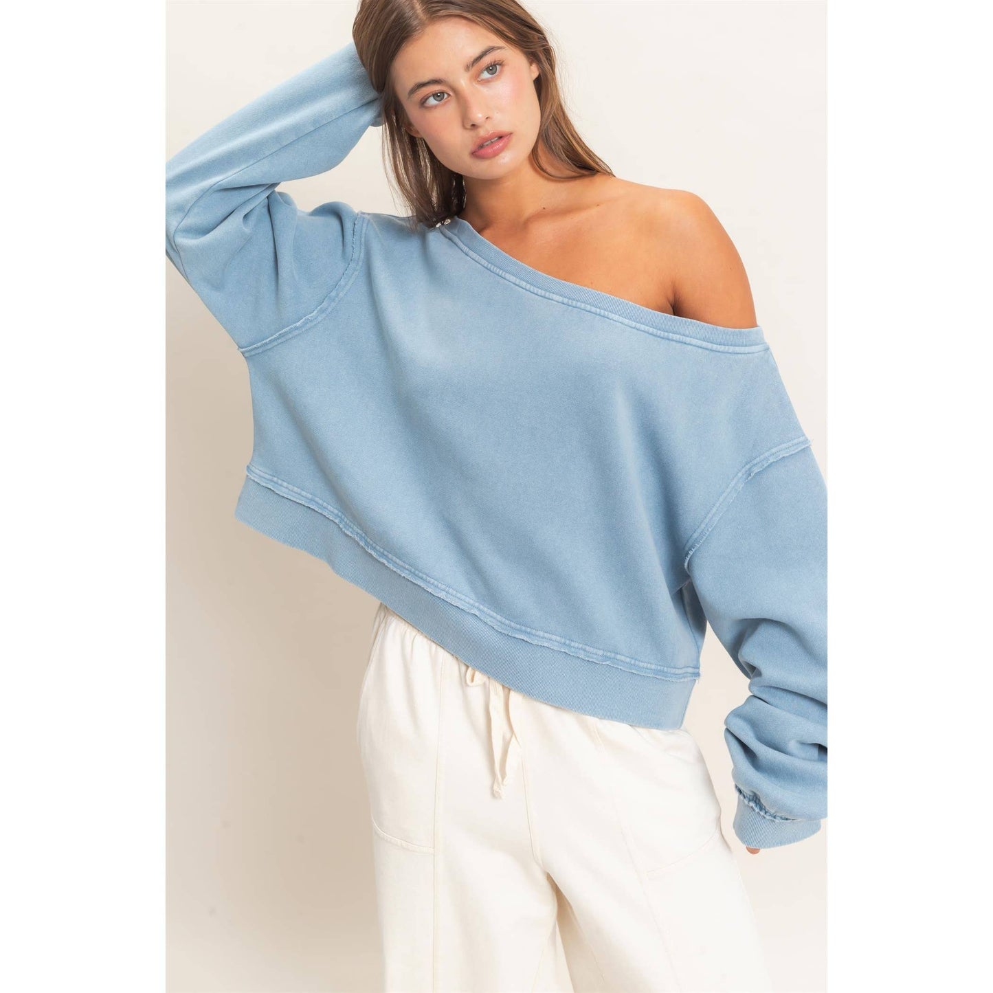 Raw Edge Acid Wash Off The Shoulder Sweatshirt-Brown