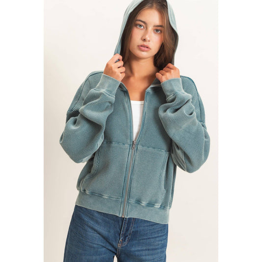 Acid Wash Waffle Knit Zip-Up Hoodie-Teal