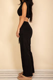 Elastic Hem Crop Top & Wide Leg Pants Set: Black