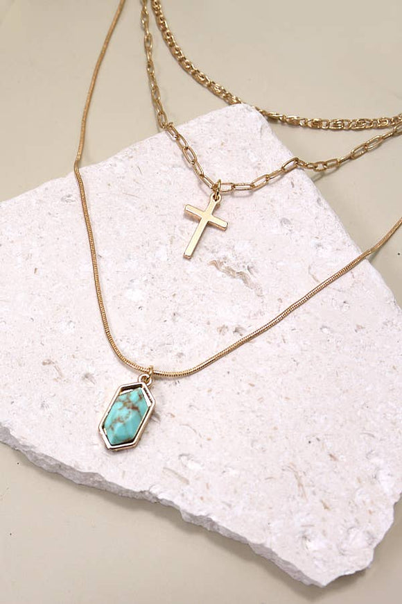 CROSS STONE  MULTI  LAYER CHAIN NECKLACE