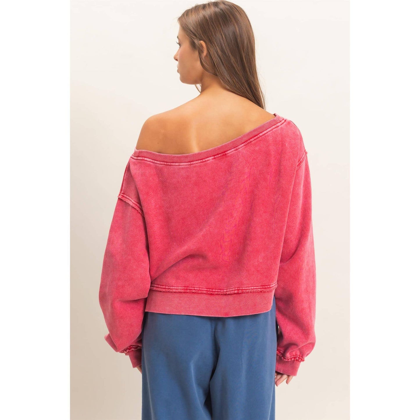 Raw Edge Acid Wash Off The Shoulder Sweatshirt-Brown