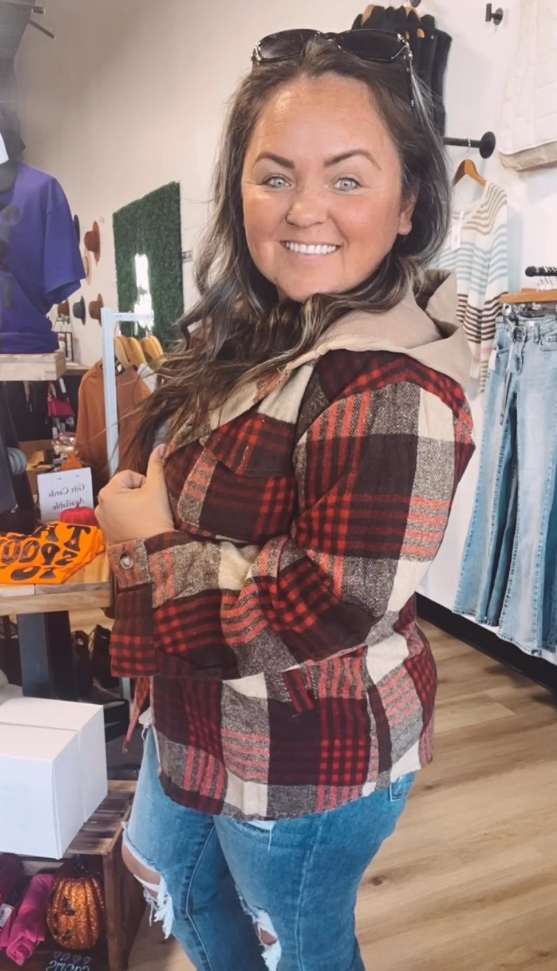 Olivia’s Oversized plaid flannel shacket with hoodie and pockets-Red