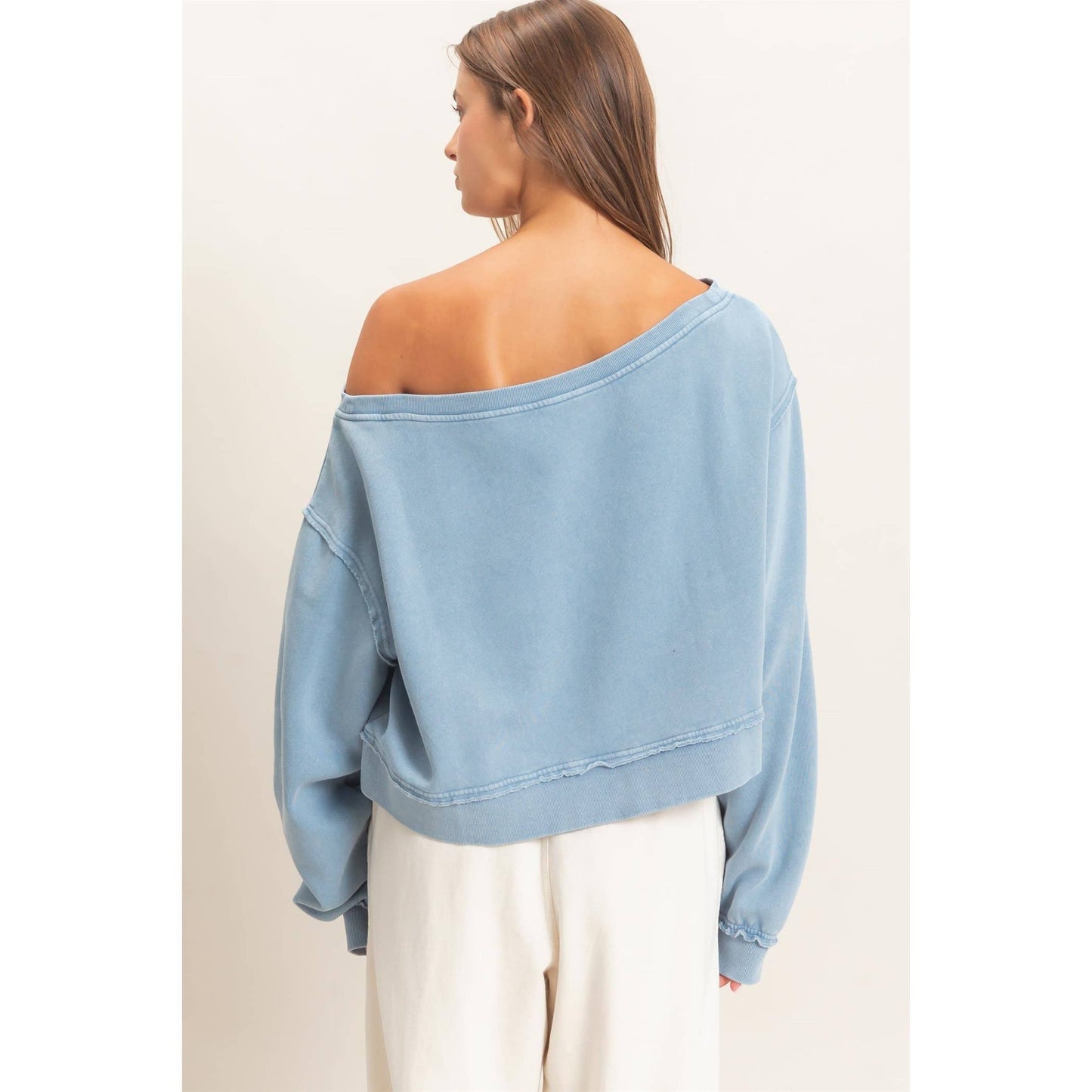 Raw Edge Acid Wash Off The Shoulder Sweatshirt-Brown