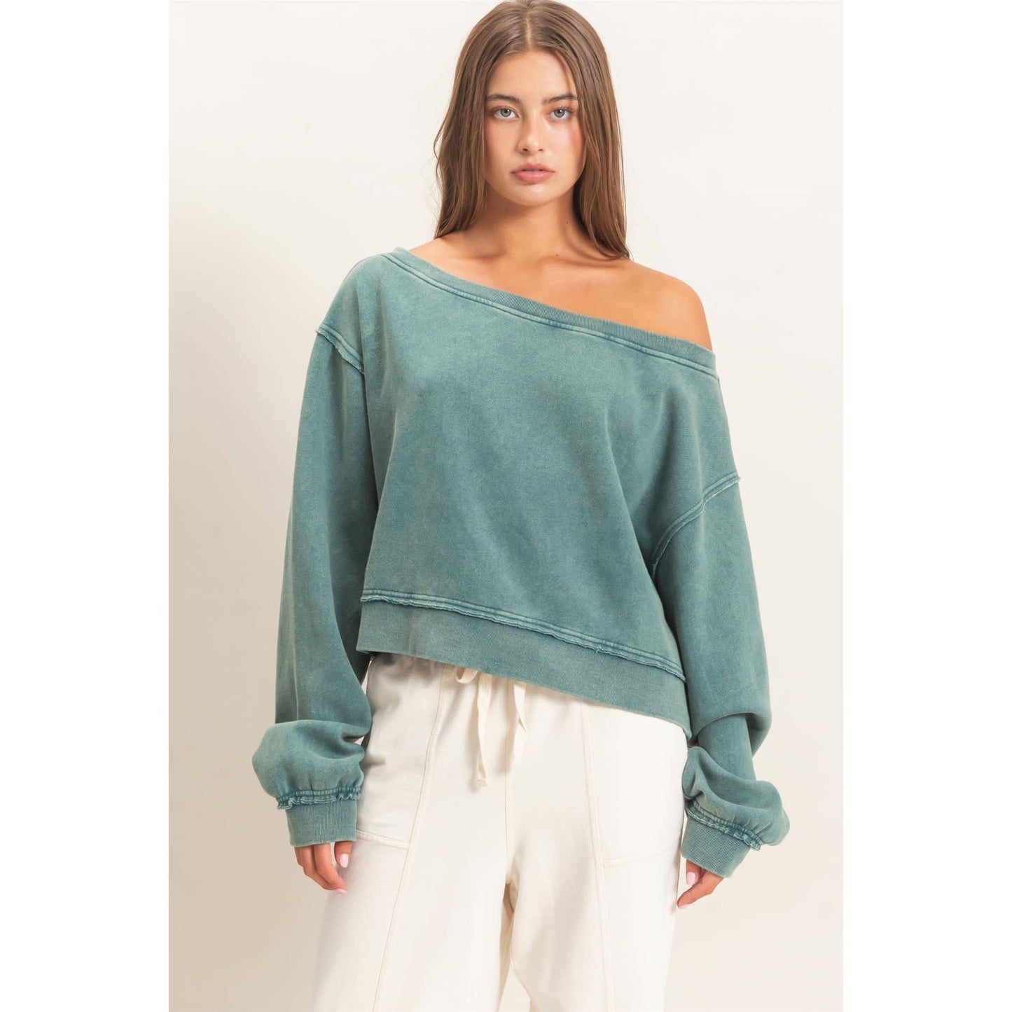 Raw Edge Acid Wash Off The Shoulder Sweatshirt-Teal