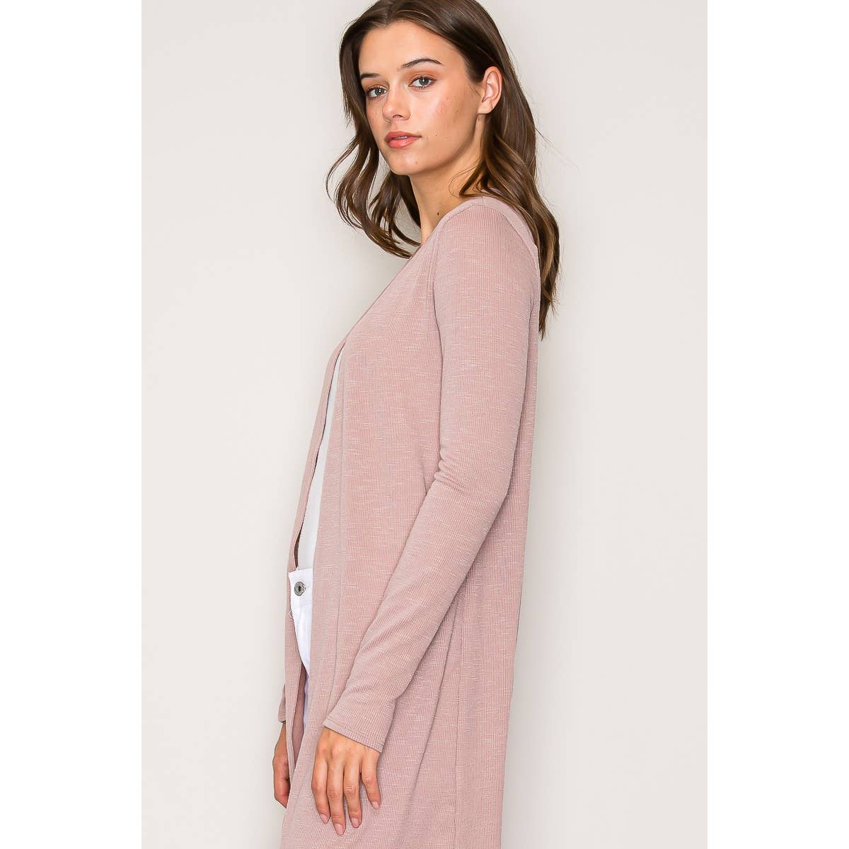 Lightweight Open Front Long Sleeve Robe Cardigan-Pink