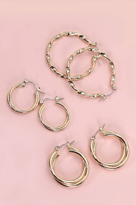 Intertwined trip hoop set earrings