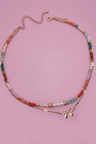 Multi beaded bow charm double layer necklace