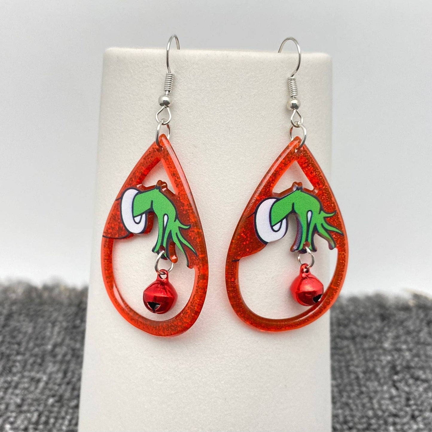 Christmas Acrylic Green guy Holding Bell Red Drop Dangle Earrings