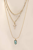 CROSS STONE  MULTI  LAYER CHAIN NECKLACE