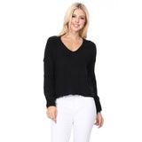 Wide V-Neck Oversized Sweater Top with Side Slit