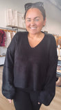 Wide V-Neck Oversized Sweater Top with Side Slit