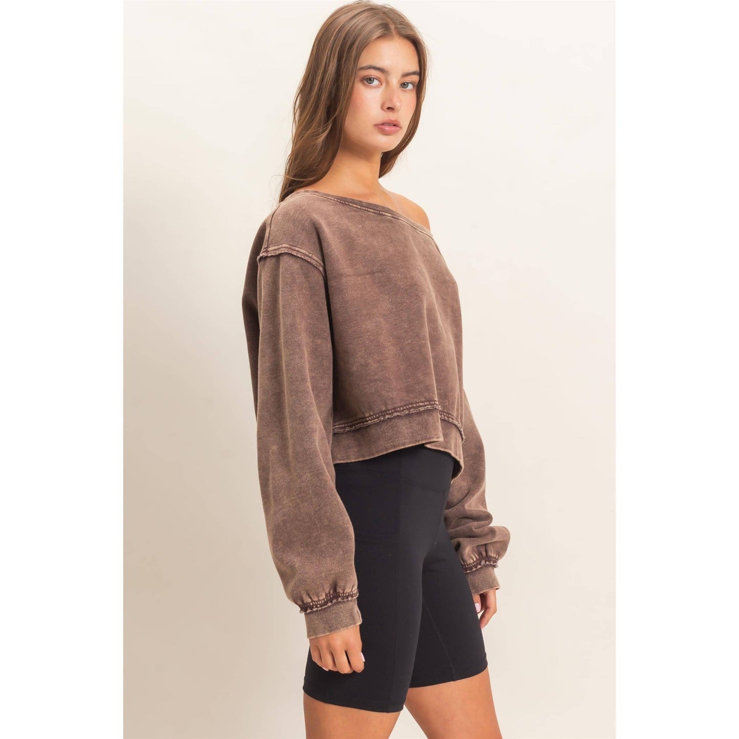 Raw Edge Acid Wash Off The Shoulder Sweatshirt-Brown