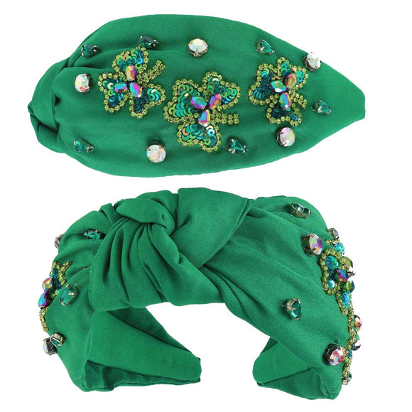 Saint Patrick's Shamrock Gemstone Knotted Headband: Green