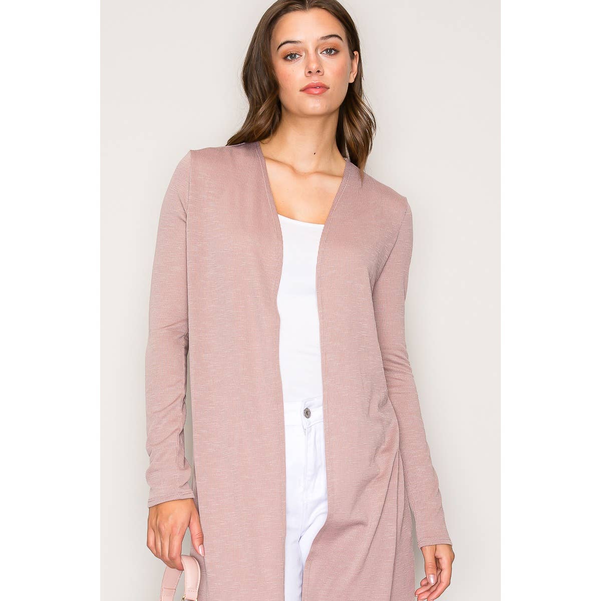 Lightweight Open Front Long Sleeve Robe Cardigan-Pink