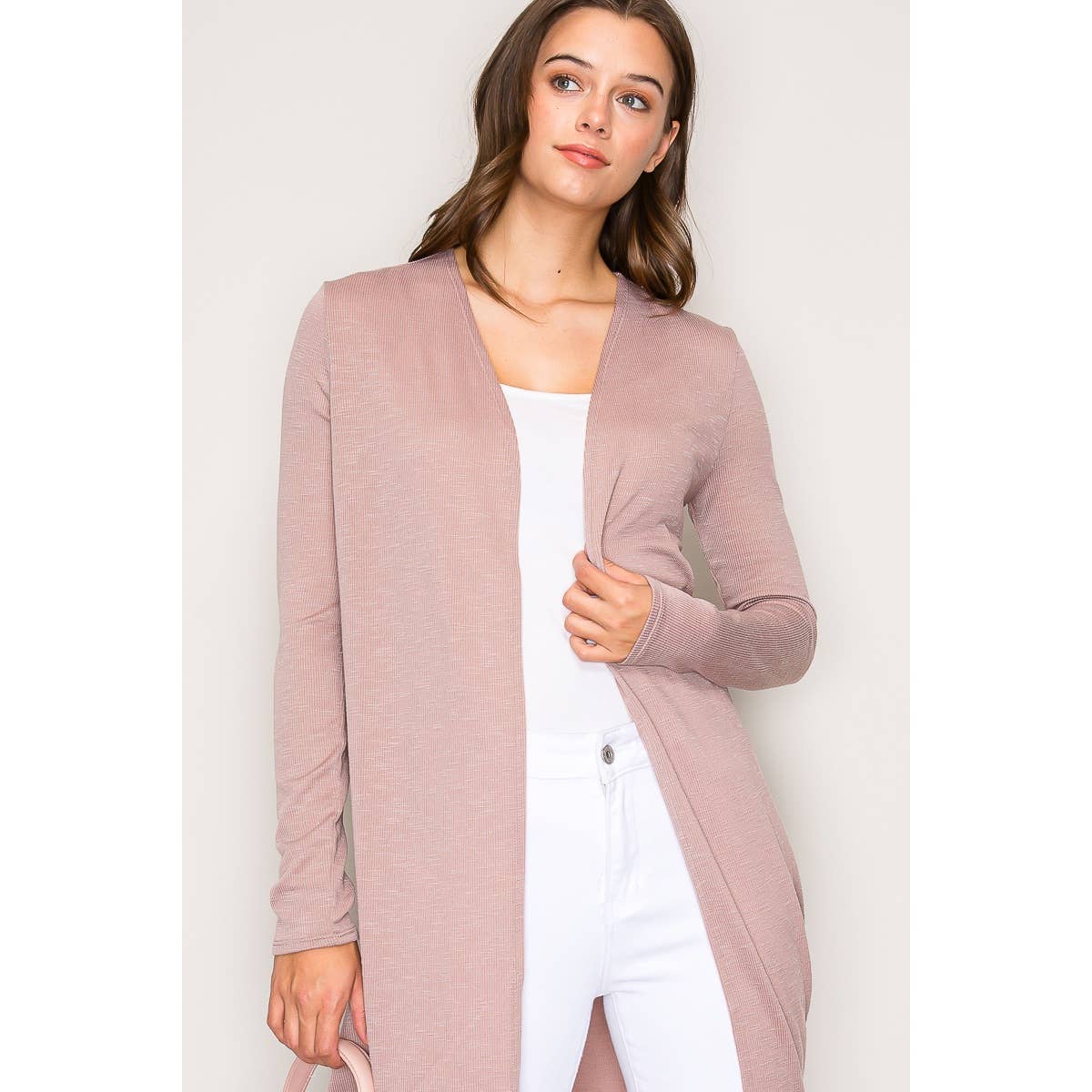 Lightweight Open Front Long Sleeve Robe Cardigan-Pink